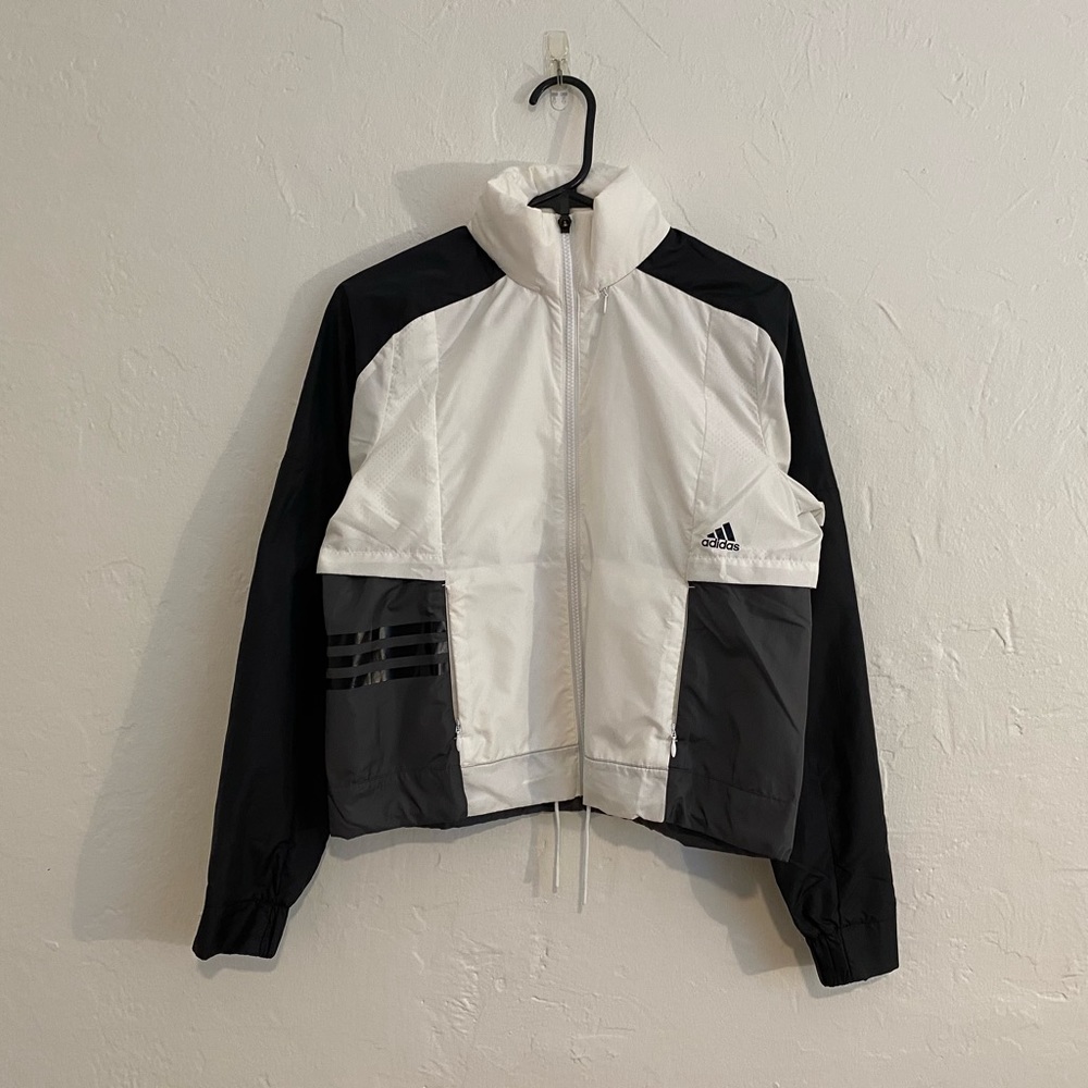 White Adidas windbreaker with retractable hood